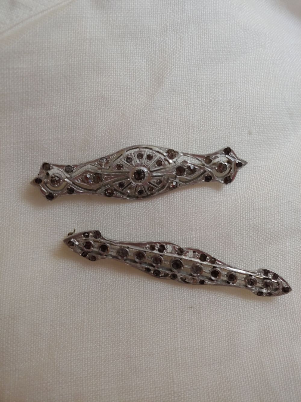 Vintage Silver-tone Filigree Brooch Pair with Clear Rhinestones